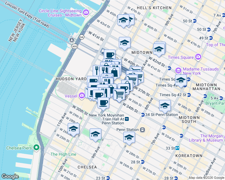map of restaurants, bars, coffee shops, grocery stores, and more near 450 West 35th Street in New York