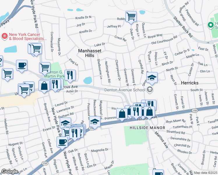 map of restaurants, bars, coffee shops, grocery stores, and more near 139 South Drive in New Hyde Park