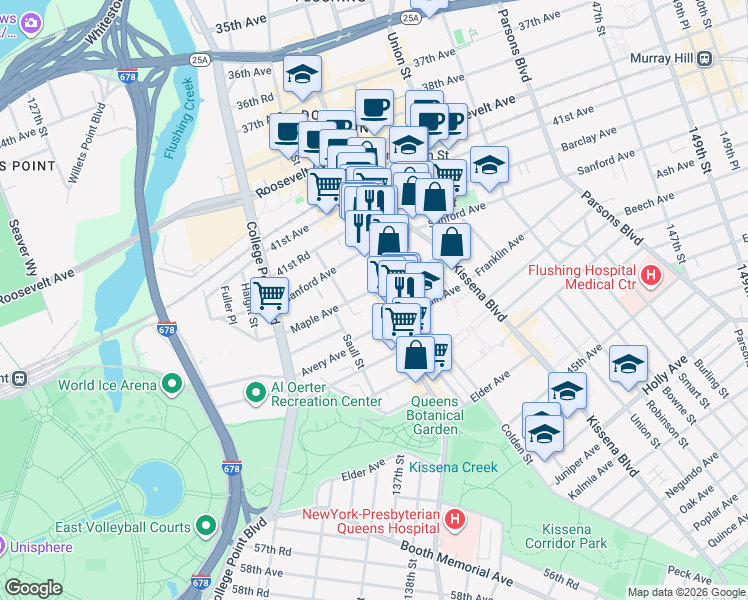 map of restaurants, bars, coffee shops, grocery stores, and more near in Queens