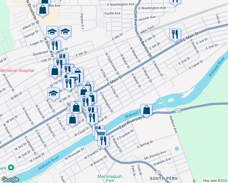 map of restaurants, bars, coffee shops, grocery stores, and more near 48 South Clay Street in Peru