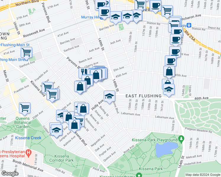 map of restaurants, bars, coffee shops, grocery stores, and more near 14726 Hawthorne Avenue in Queens
