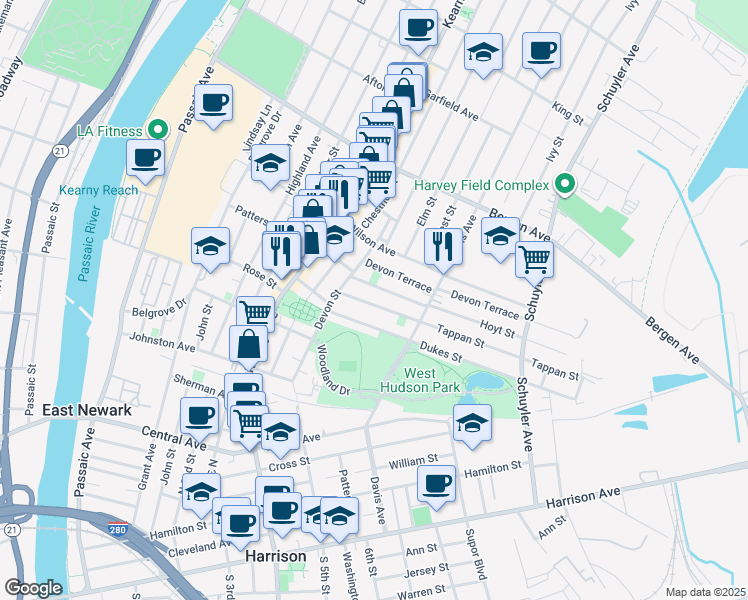 map of restaurants, bars, coffee shops, grocery stores, and more near 21 Tappan Street in Kearny