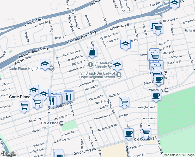 map of restaurants, bars, coffee shops, grocery stores, and more near 236 Ellison Avenue in Westbury