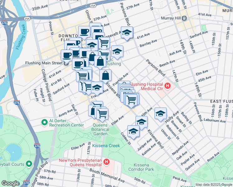 map of restaurants, bars, coffee shops, grocery stores, and more near Kissena Blvd & Ash Ave in Queens