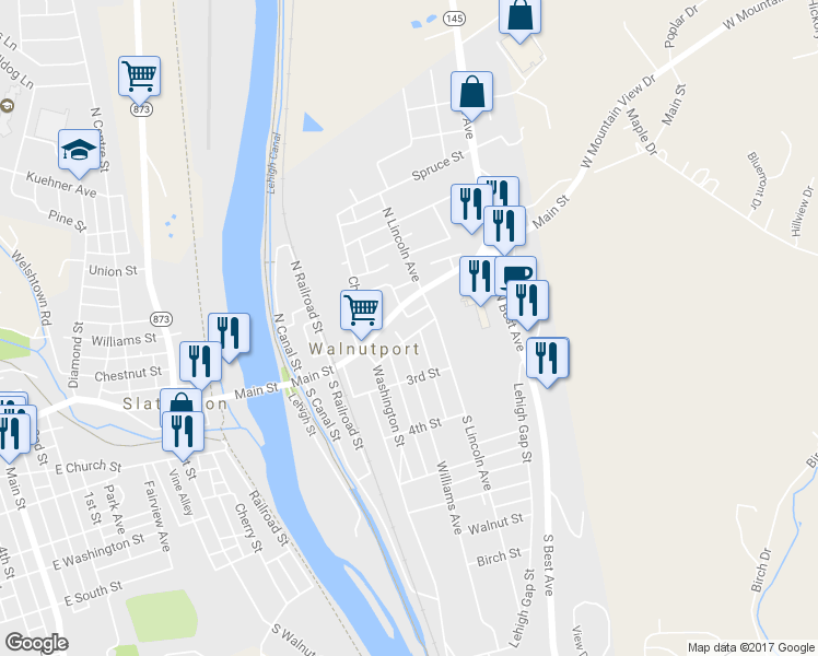 map of restaurants, bars, coffee shops, grocery stores, and more near 211 2nd St in Walnutport