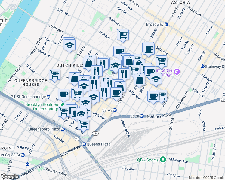 map of restaurants, bars, coffee shops, grocery stores, and more near 3734 29th Street in Queens