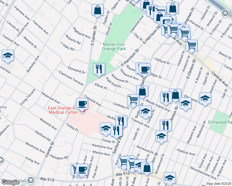 map of restaurants, bars, coffee shops, grocery stores, and more near 75 Elliott Place in East Orange