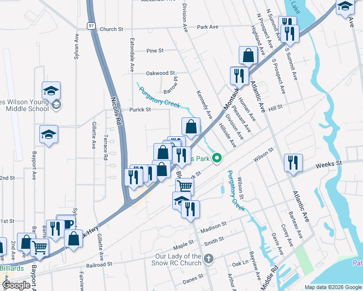 map of restaurants, bars, coffee shops, grocery stores, and more near 77 Montauk Highway in Blue Point
