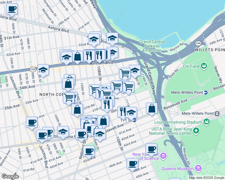 map of restaurants, bars, coffee shops, grocery stores, and more near 35-27 109th Street in Queens