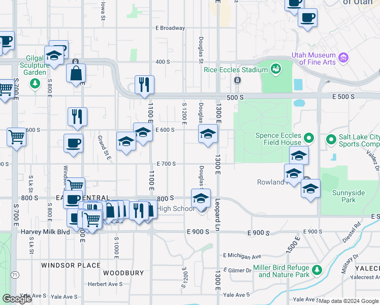 map of restaurants, bars, coffee shops, grocery stores, and more near 647-659 South 1200 East in Salt Lake City