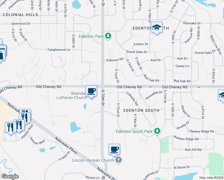 map of restaurants, bars, coffee shops, grocery stores, and more near 7140 Culwells Court in Lincoln