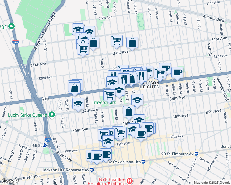 map of restaurants, bars, coffee shops, grocery stores, and more near 33-34 80th Street in Queens