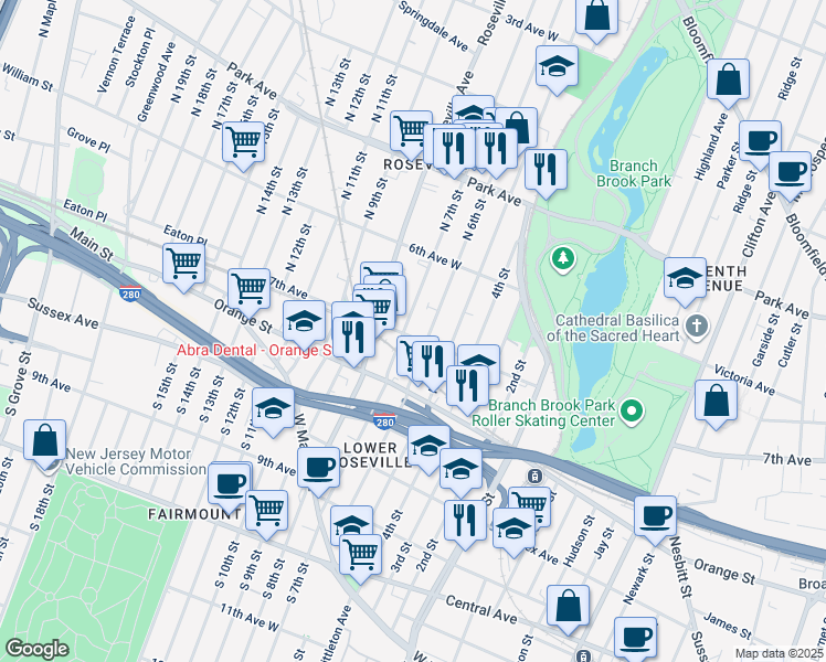map of restaurants, bars, coffee shops, grocery stores, and more near 157-159 North 7th Street in Newark