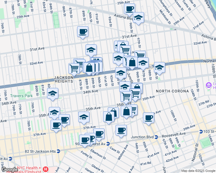 map of restaurants, bars, coffee shops, grocery stores, and more near 3347 91st Street in Queens