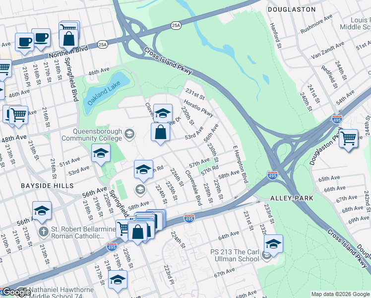 map of restaurants, bars, coffee shops, grocery stores, and more near 228-09 56th Avenue in Queens