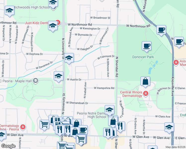 map of restaurants, bars, coffee shops, grocery stores, and more near 5511 North Fairmont Drive in Peoria
