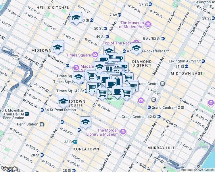 map of restaurants, bars, coffee shops, grocery stores, and more near 1101 6th Avenue in New York