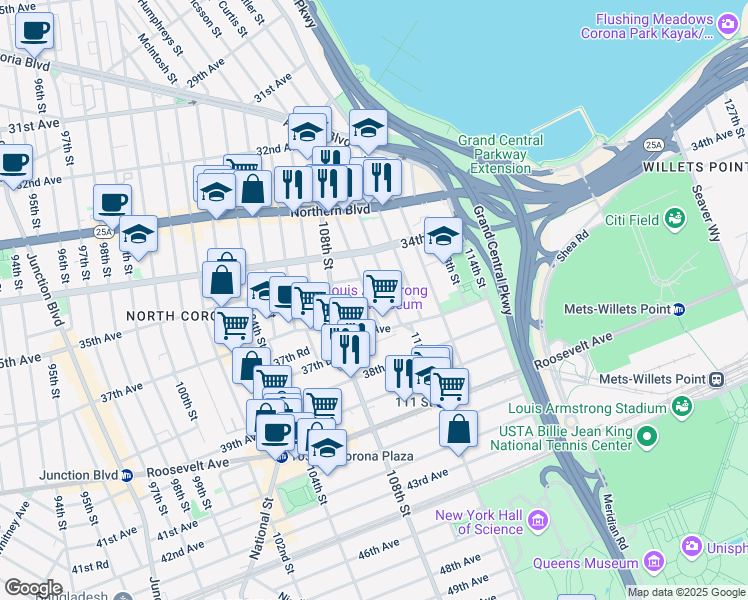 map of restaurants, bars, coffee shops, grocery stores, and more near 35-27 109th Street in Queens