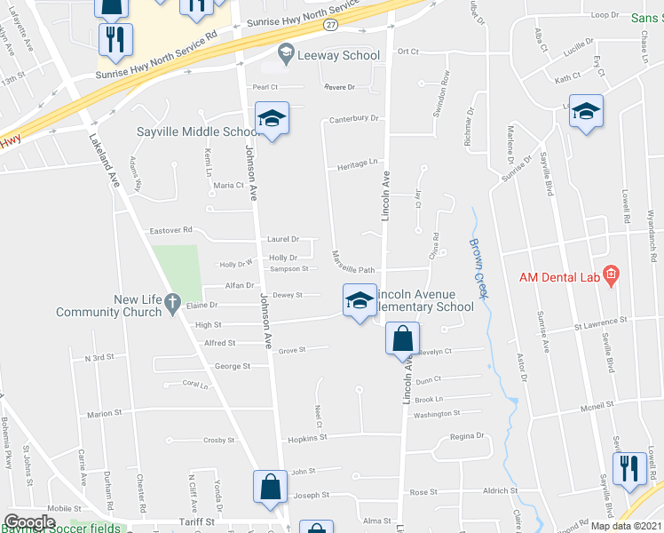 map of restaurants, bars, coffee shops, grocery stores, and more near 510 Marseille Path in Sayville