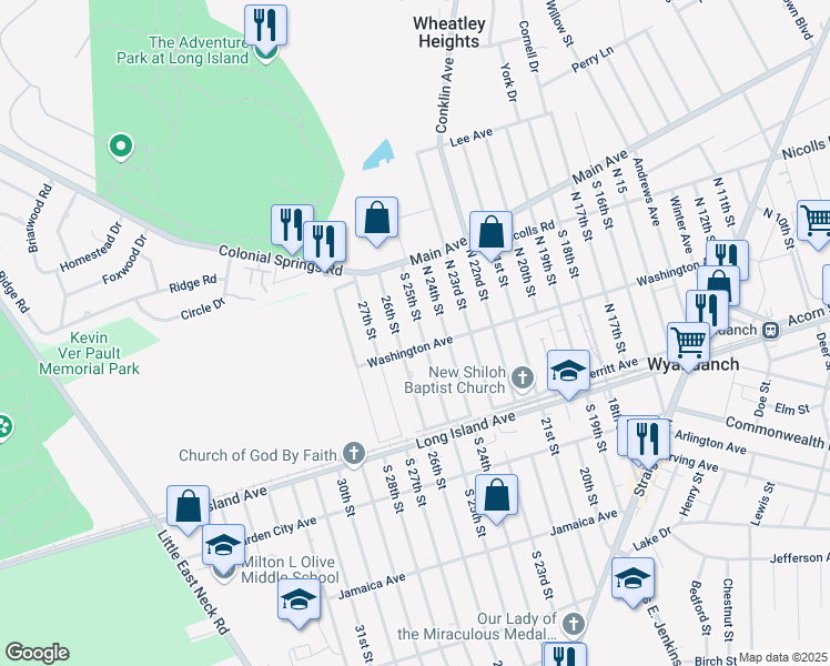map of restaurants, bars, coffee shops, grocery stores, and more near 166 South 25th Street in Wyandanch