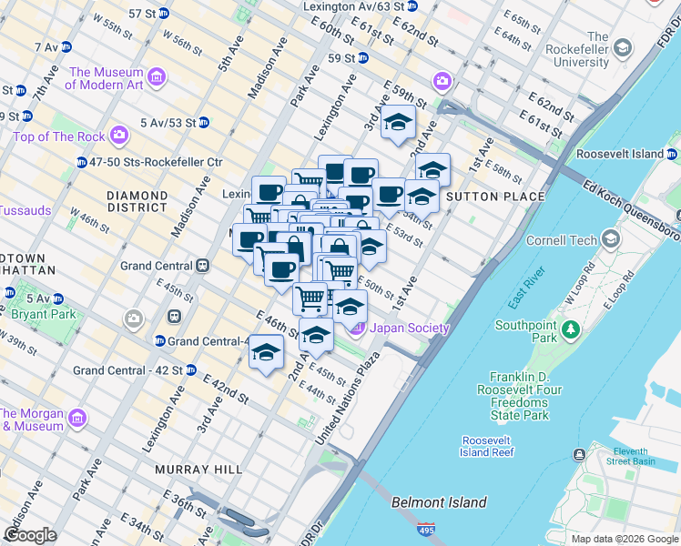 map of restaurants, bars, coffee shops, grocery stores, and more near 234 East 50th Street in New York
