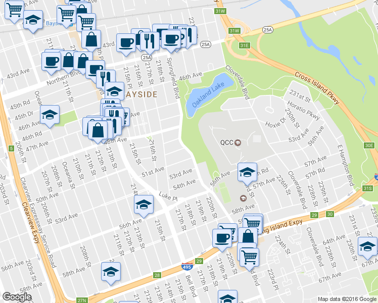 map of restaurants, bars, coffee shops, grocery stores, and more near 50-14 Springfield Boulevard in Queens