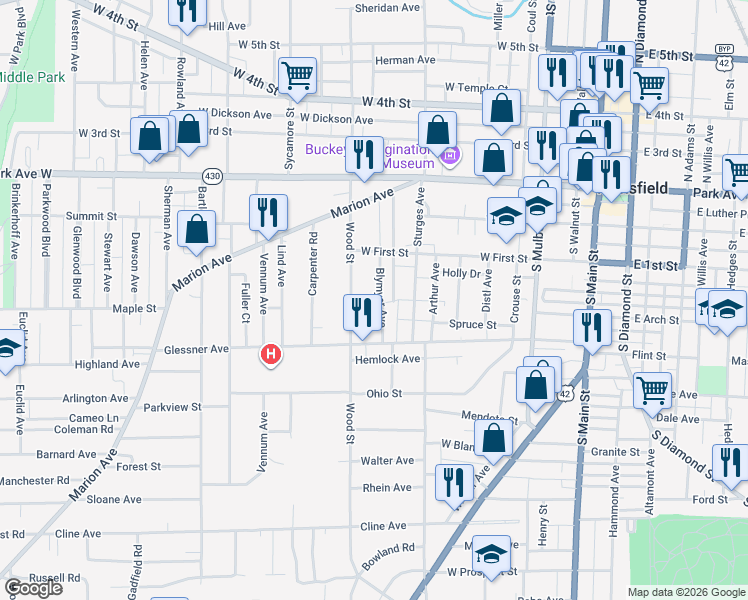 map of restaurants, bars, coffee shops, grocery stores, and more near 144 Blymyer Avenue in Mansfield