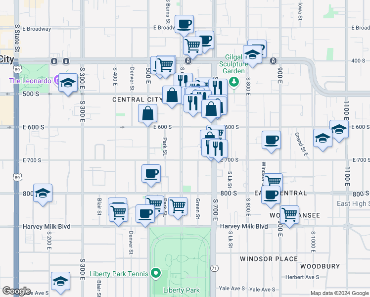 map of restaurants, bars, coffee shops, grocery stores, and more near 644 East 600 South in Salt Lake City