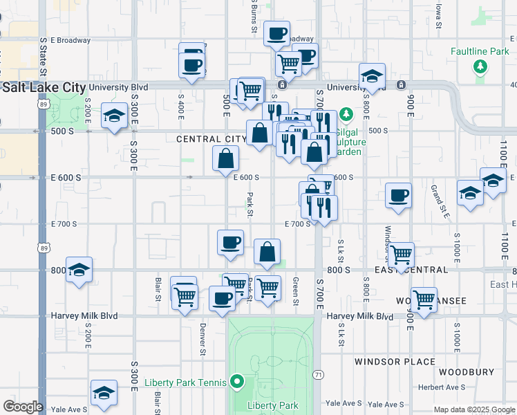 map of restaurants, bars, coffee shops, grocery stores, and more near 648 600 East in Salt Lake City