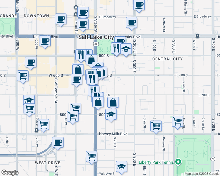 map of restaurants, bars, coffee shops, grocery stores, and more near 660 South 200 East in Salt Lake City