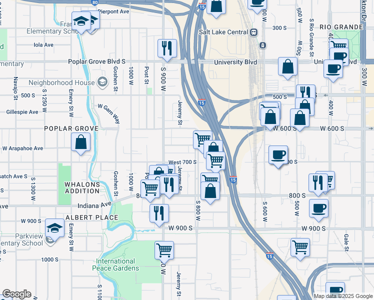 map of restaurants, bars, coffee shops, grocery stores, and more near 845 West Arapahoe Avenue in Salt Lake City