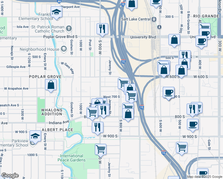 map of restaurants, bars, coffee shops, grocery stores, and more near 845 West Arapahoe Avenue in Salt Lake City