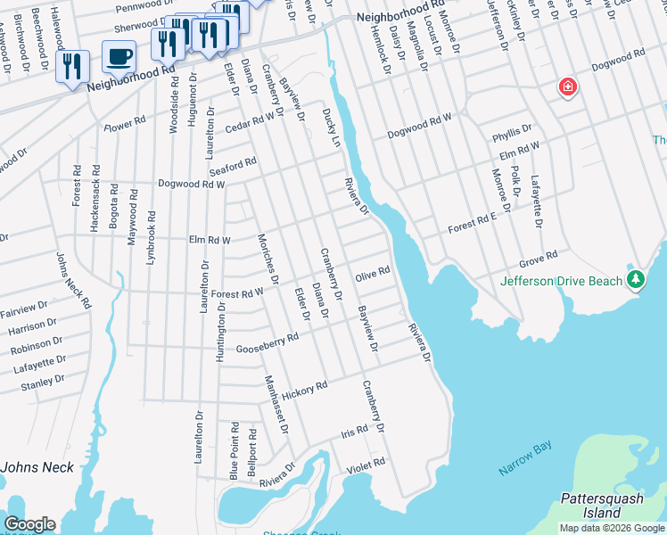 map of restaurants, bars, coffee shops, grocery stores, and more near 142 Bayview Drive in Mastic Beach