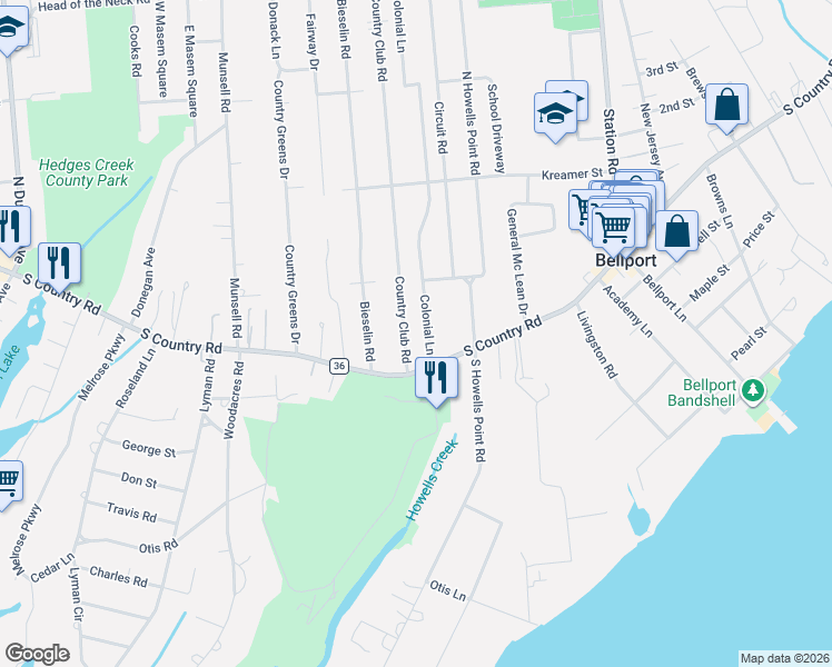 map of restaurants, bars, coffee shops, grocery stores, and more near 10 Country Club Road in Bellport