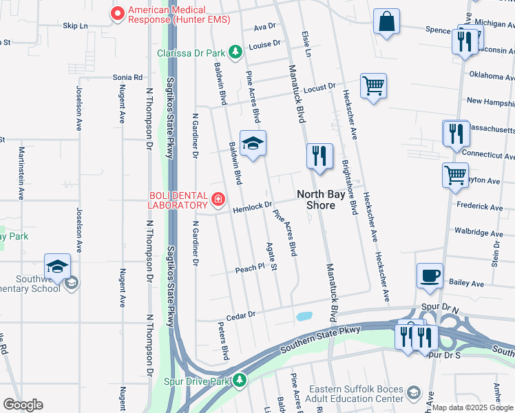 map of restaurants, bars, coffee shops, grocery stores, and more near 1557 Baldwin Boulevard in Bay Shore