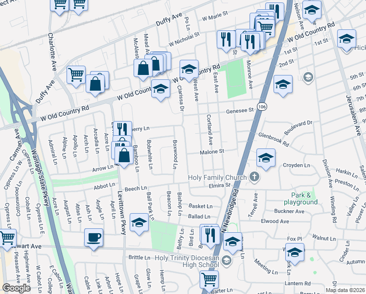 map of restaurants, bars, coffee shops, grocery stores, and more near 103 Blueberry Lane in Hicksville