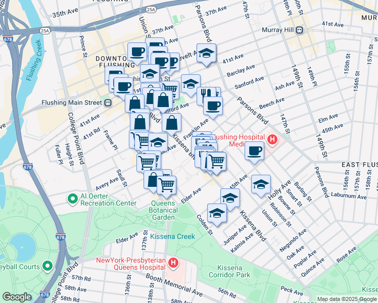 map of restaurants, bars, coffee shops, grocery stores, and more near 43-31 Kissena Boulevard in Queens