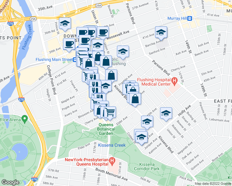 map of restaurants, bars, coffee shops, grocery stores, and more near 138-10 Franklin Avenue in Queens