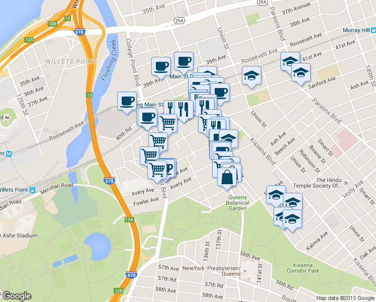 map of restaurants, bars, coffee shops, grocery stores, and more near 134-21 Maple Avenue in Queens