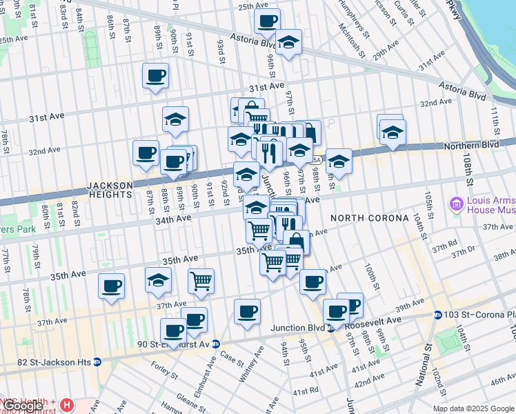 map of restaurants, bars, coffee shops, grocery stores, and more near 94-6 34th Avenue in Queens