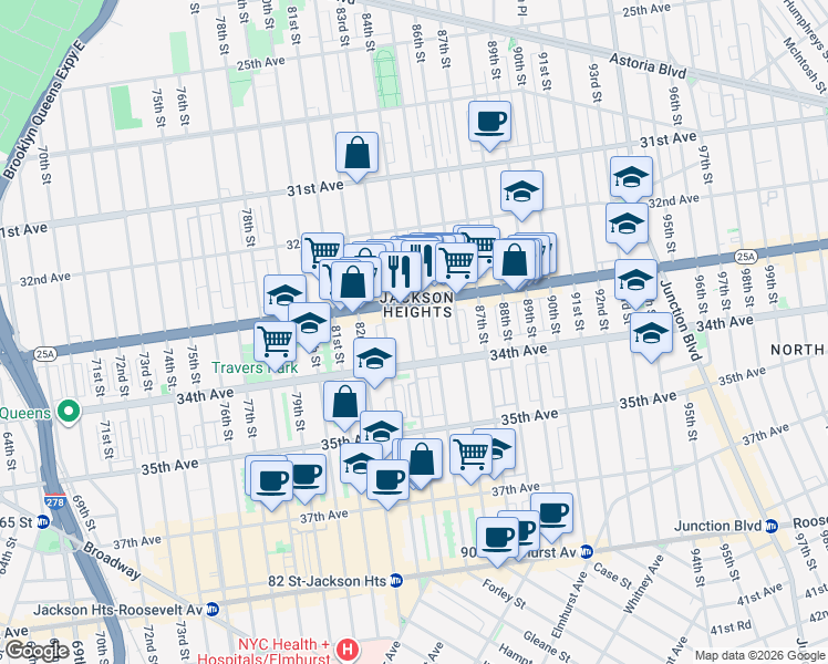 map of restaurants, bars, coffee shops, grocery stores, and more near in Queens
