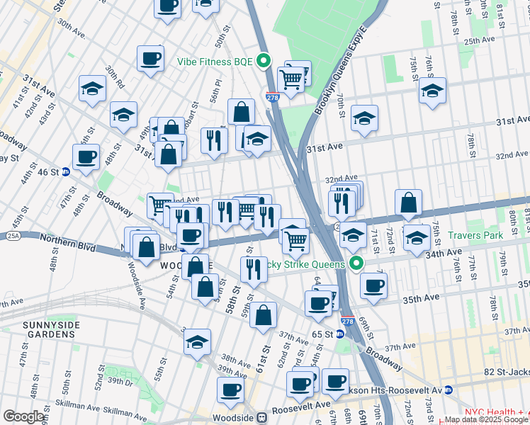 map of restaurants, bars, coffee shops, grocery stores, and more near 32-33 60th Street in Queens