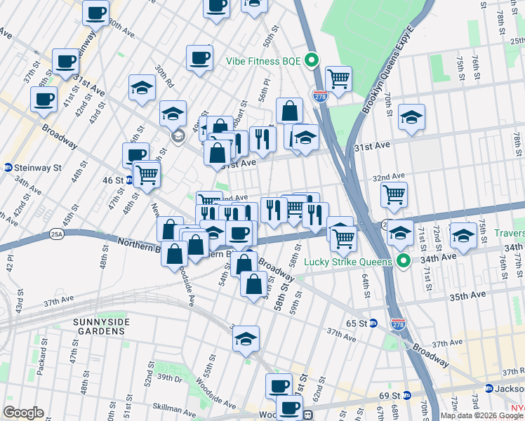 map of restaurants, bars, coffee shops, grocery stores, and more near 32-18 56th Street in Queens