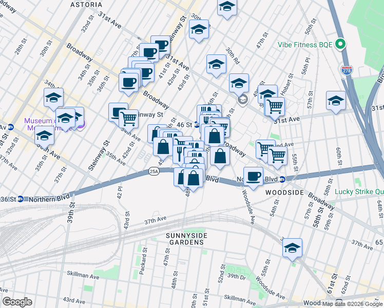 map of restaurants, bars, coffee shops, grocery stores, and more near 32-45 47th Street in Queens