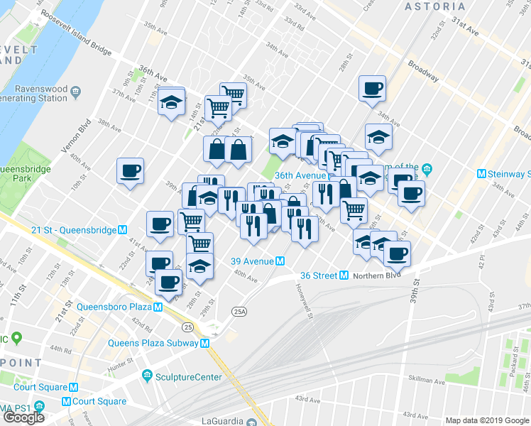 map of restaurants, bars, coffee shops, grocery stores, and more near 3734 29th Street in Queens