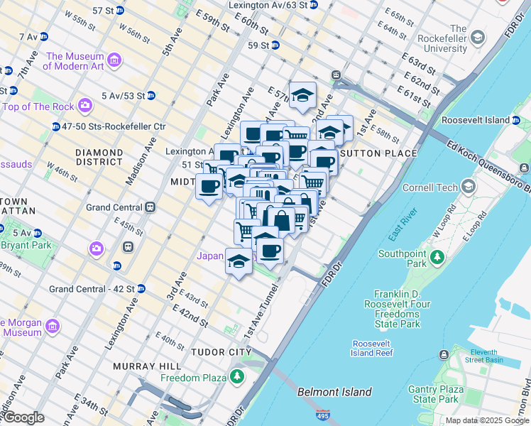 map of restaurants, bars, coffee shops, grocery stores, and more near 928 2nd Avenue in New York