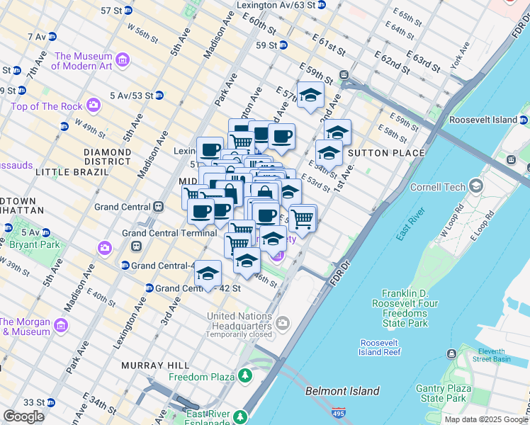 map of restaurants, bars, coffee shops, grocery stores, and more near 234 East 50th Street in New York