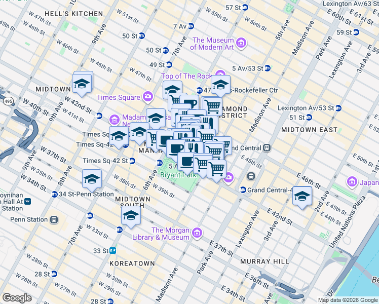 map of restaurants, bars, coffee shops, grocery stores, and more near in New York