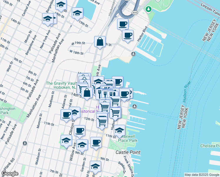 map of restaurants, bars, coffee shops, grocery stores, and more near 1500 Garden Street in Hoboken