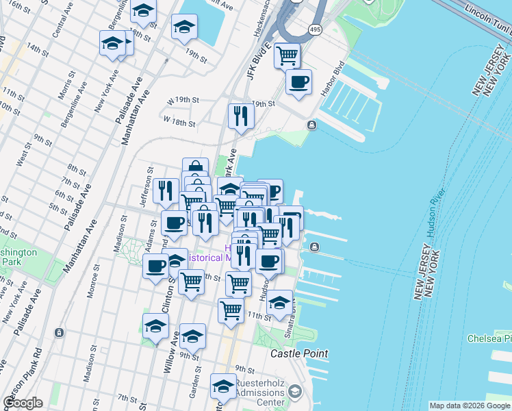 map of restaurants, bars, coffee shops, grocery stores, and more near 1500 Garden Street in Hoboken
